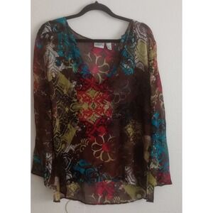 Chicos Silk Blouse Womens Size 2 Large Brown Multi Color Abstract Floral V-Neck